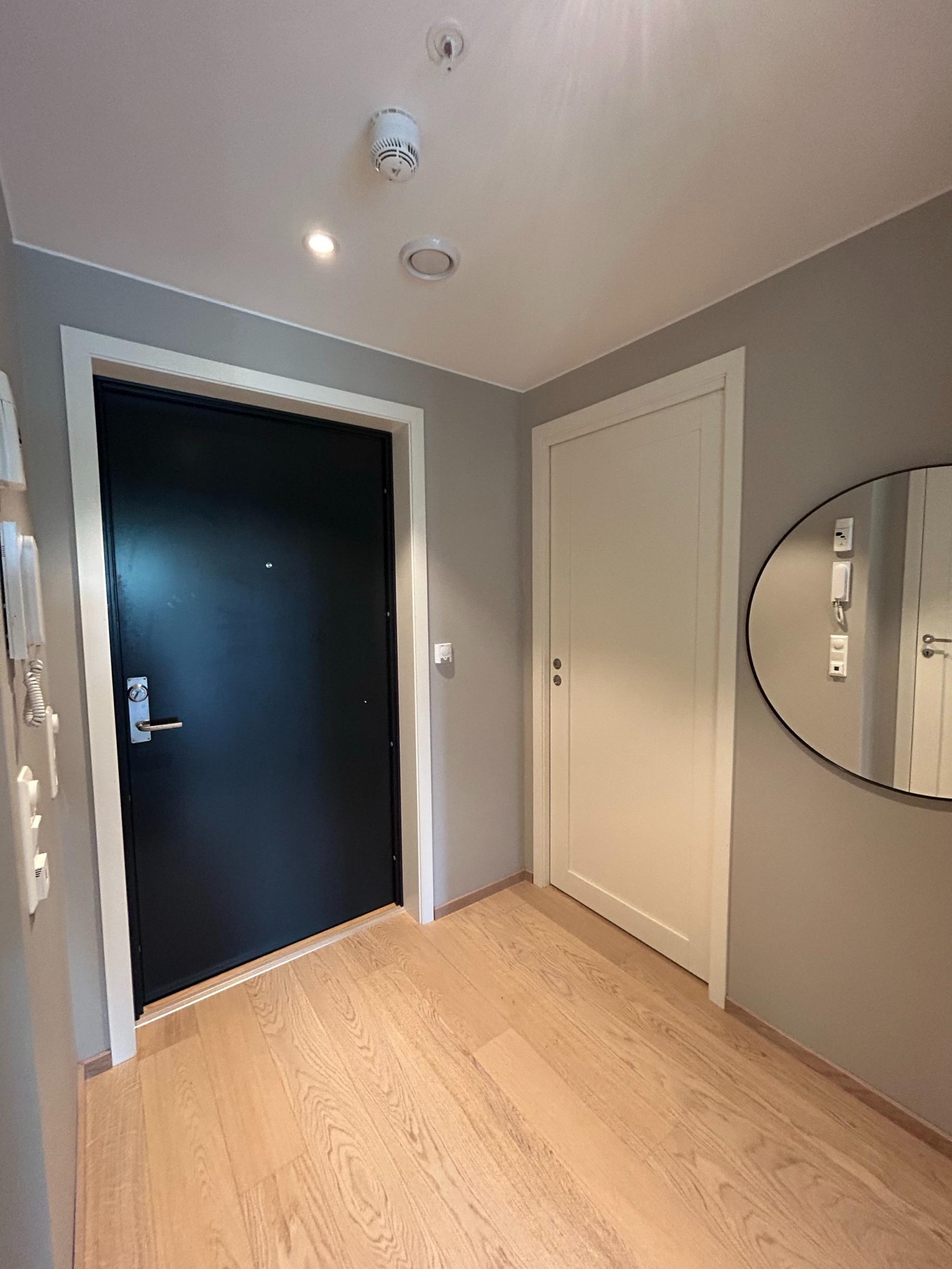 Ingangsparti og dør til bod